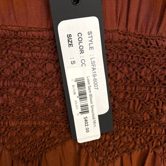 LOVE SAM Blixen Smocked Dress  Sz S 100% Silk Cognac Brown Ruffles Boho Cowgirl - Picture 5 of 14